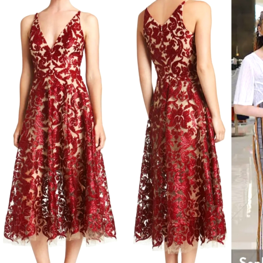 NWT Dress the Population Blair Embellished Fit & Flare Dress- Berry/Nude